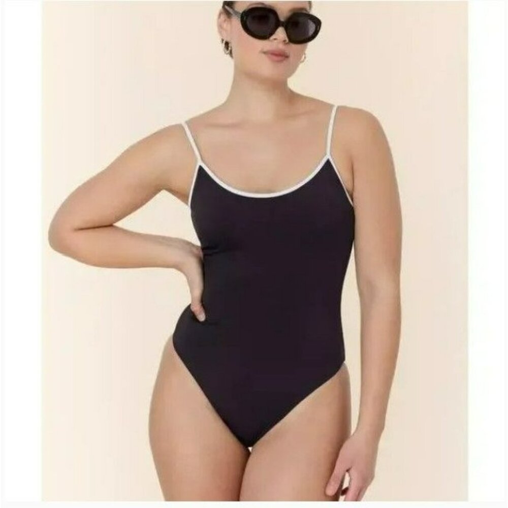 Andie Black One-Piece Swimsuit with White Trim Medium Tall